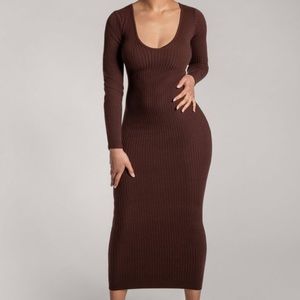 Long Sleeve Ribbed Maxi Dress - Chocolate